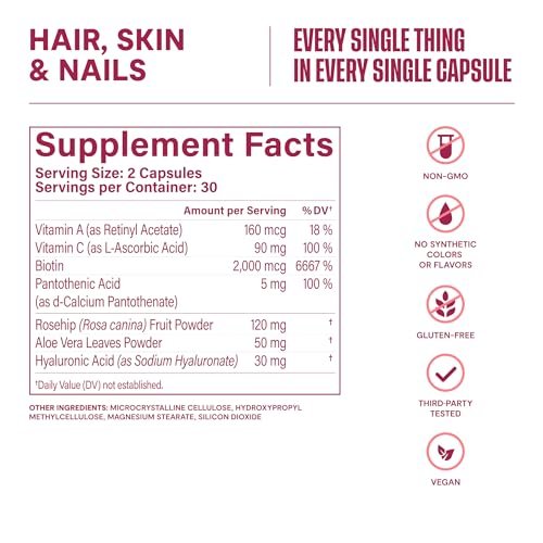 Habit Haar, Haut & Nägel Supplement (60 Kapseln) - Neues Design, Unterstützt Hautfeuchtigkeit, Haar- & Nagelstärke, Biotin 2000 µg, Vitamin A & C, Hyaluronsäure, Hagebutte, Vegan, Nicht-GVO (1 Packung)