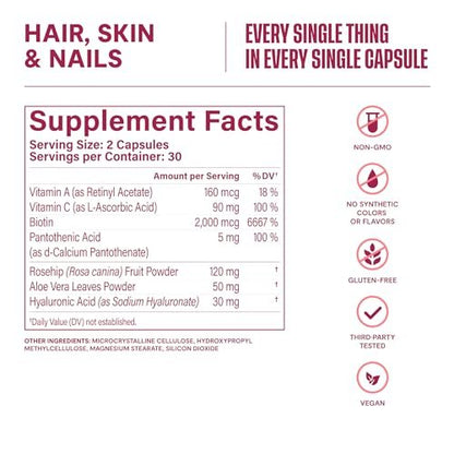 Habit Haar, Haut & Nägel Supplement (60 Kapseln) - Neues Design, Unterstützt Hautfeuchtigkeit, Haar- & Nagelstärke, Biotin 2000 µg, Vitamin A & C, Hyaluronsäure, Hagebutte, Vegan, Nicht-GVO (1 Packung)