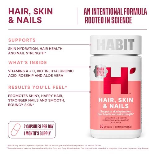 Habit Haar, Haut & Nägel Supplement (60 Kapseln) - Neues Design, Unterstützt Hautfeuchtigkeit, Haar- & Nagelstärke, Biotin 2000 µg, Vitamin A & C, Hyaluronsäure, Hagebutte, Vegan, Nicht-GVO (1 Packung)