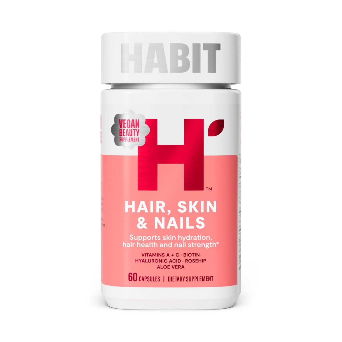 Habit Haar, Haut & Nägel Supplement (60 Kapseln) - Neues Design, Unterstützt Hautfeuchtigkeit, Haar- & Nagelstärke, Biotin 2000 µg, Vitamin A & C, Hyaluronsäure, Hagebutte, Vegan, Nicht-GVO (1 Packung)