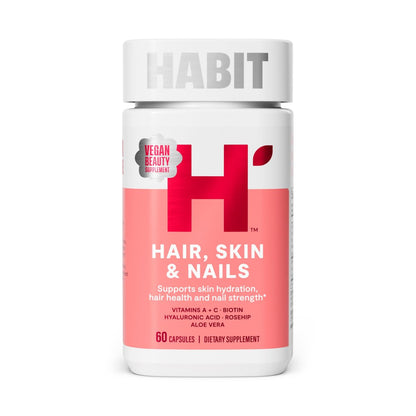 Habit Haar, Haut & Nägel Supplement (60 Kapseln) - Neues Design, Unterstützt Hautfeuchtigkeit, Haar- & Nagelstärke, Biotin 2000 µg, Vitamin A & C, Hyaluronsäure, Hagebutte, Vegan, Nicht-GVO (1 Packung)
