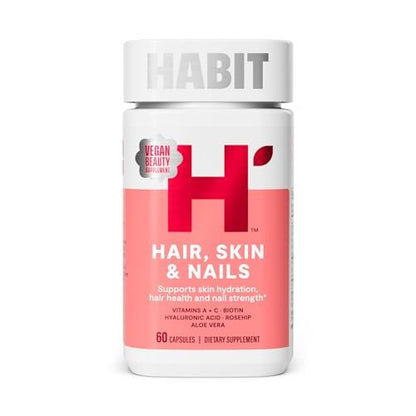 Habit Haar, Haut & Nägel Supplement (60 Kapseln) - Neues Design, Unterstützt Hautfeuchtigkeit, Haar- & Nagelstärke, Biotin 2000 µg, Vitamin A & C, Hyaluronsäure, Hagebutte, Vegan, Nicht-GVO (1 Packung)