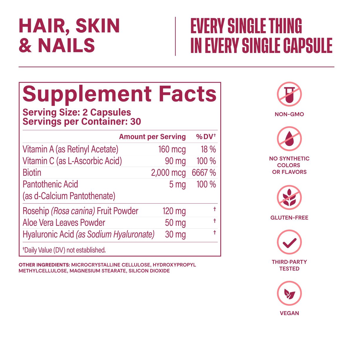 Habit Haar, Haut & Nägel Supplement (60 Kapseln) - Neues Design, Unterstützt Hautfeuchtigkeit, Haar- & Nagelstärke, Biotin 2000 µg, Vitamin A & C, Hyaluronsäure, Hagebutte, Vegan, Nicht-GVO (1 Packung)