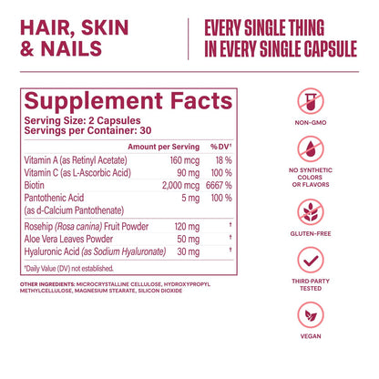 Habit Haar, Haut & Nägel Supplement (60 Kapseln) - Neues Design, Unterstützt Hautfeuchtigkeit, Haar- & Nagelstärke, Biotin 2000 µg, Vitamin A & C, Hyaluronsäure, Hagebutte, Vegan, Nicht-GVO (1 Packung)
