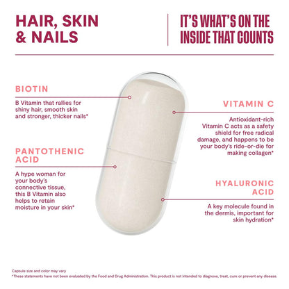 Habit Haar, Haut & Nägel Supplement (60 Kapseln) - Neues Design, Unterstützt Hautfeuchtigkeit, Haar- & Nagelstärke, Biotin 2000 µg, Vitamin A & C, Hyaluronsäure, Hagebutte, Vegan, Nicht-GVO (1 Packung)