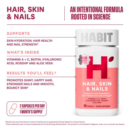 Habit Haar, Haut & Nägel Supplement (60 Kapseln) - Neues Design, Unterstützt Hautfeuchtigkeit, Haar- & Nagelstärke, Biotin 2000 µg, Vitamin A & C, Hyaluronsäure, Hagebutte, Vegan, Nicht-GVO (1 Packung)