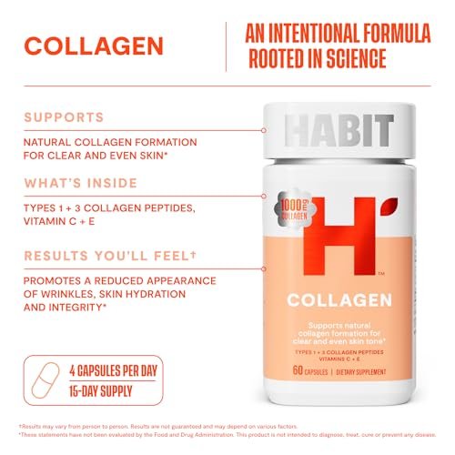 Habit Collagen Supplement (60 Kapseln) - 2000mg Kollagenpeptide, Vitamin C & Vitamin E für Hautgesundheit, Antioxidantien, Nicht-GVO, Glutenfrei (1 Packung)