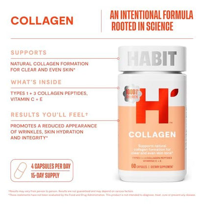 Habit Collagen Supplement (60 Kapseln) - 2000mg Kollagenpeptide, Vitamin C & Vitamin E für Hautgesundheit, Antioxidantien, Nicht-GVO, Glutenfrei (1 Packung)