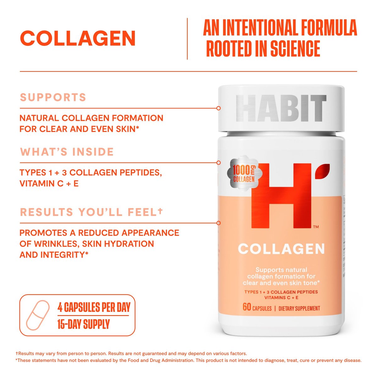 Habit Collagen Supplement (60 Kapseln) - 2000mg Kollagenpeptide, Vitamin C & Vitamin E für Hautgesundheit, Antioxidantien, Nicht-GVO, Glutenfrei (1 Packung)