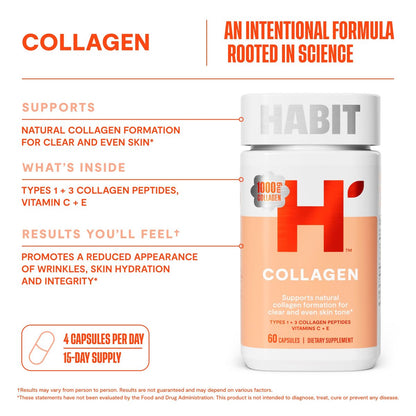 Habit Collagen Supplement (60 Kapseln) - 2000mg Kollagenpeptide, Vitamin C & Vitamin E für Hautgesundheit, Antioxidantien, Nicht-GVO, Glutenfrei (1 Packung)