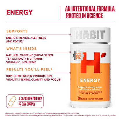 Habit Energy Supplement (60 Kapseln) - Neue Optik, Unterstützt Energie, Wachsamkeit und Konzentration, Natürliches Koffein, Vitamine B & C, Grüntee-Extrakt, Vegan, Nicht-GVO (1 Packung)