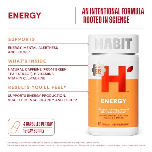 Habit Energy Supplement (60 Kapseln) - Neue Optik, Unterstützt Energie, Wachsamkeit und Konzentration, Natürliches Koffein, Vitamine B & C, Grüntee-Extrakt, Vegan, Nicht-GVO (1 Packung)
