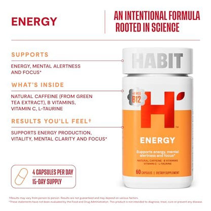 Habit Energy Supplement (60 Kapseln) - Neue Optik, Unterstützt Energie, Wachsamkeit und Konzentration, Natürliches Koffein, Vitamine B & C, Grüntee-Extrakt, Vegan, Nicht-GVO (1 Packung)