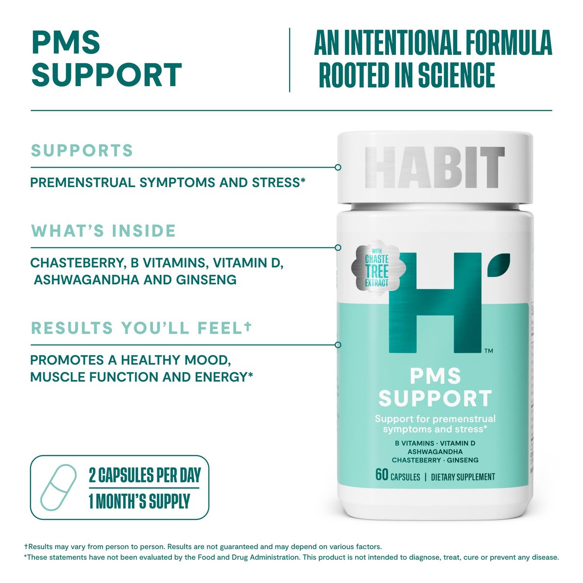Habit PMS Unterstützung für Frauen (60 Kapseln) - Lindert prämenstruelle Symptome & Stress, Hormonbalance, Stimmung, B-Vitamine, Vitamin D, Mönchspfeffer, Ashwagandha, glutenfrei, nicht-GVO (1 Packung)