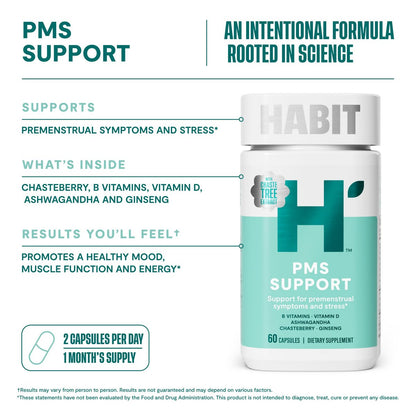 Habit PMS Unterstützung für Frauen (60 Kapseln) - Lindert prämenstruelle Symptome & Stress, Hormonbalance, Stimmung, B-Vitamine, Vitamin D, Mönchspfeffer, Ashwagandha, glutenfrei, nicht-GVO (1 Packung)