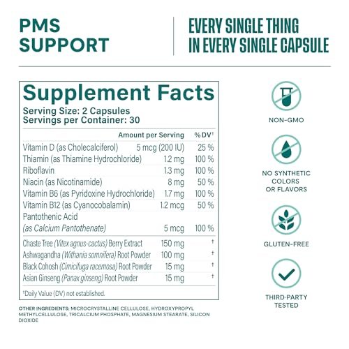 Habit PMS Unterstützung für Frauen (60 Kapseln) - Lindert prämenstruelle Symptome & Stress, Hormonbalance, Stimmung, B-Vitamine, Vitamin D, Mönchspfeffer, Ashwagandha, glutenfrei, nicht-GVO (1 Packung)