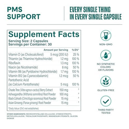 Habit PMS Unterstützung für Frauen (60 Kapseln) - Lindert prämenstruelle Symptome & Stress, Hormonbalance, Stimmung, B-Vitamine, Vitamin D, Mönchspfeffer, Ashwagandha, glutenfrei, nicht-GVO (1 Packung)