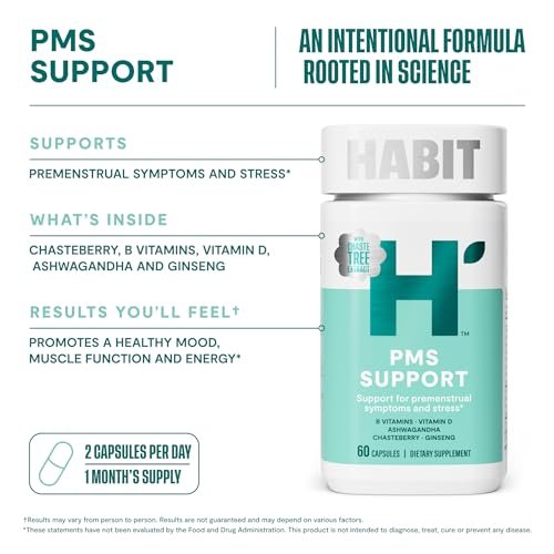 Habit PMS Unterstützung für Frauen (60 Kapseln) - Lindert prämenstruelle Symptome & Stress, Hormonbalance, Stimmung, B-Vitamine, Vitamin D, Mönchspfeffer, Ashwagandha, glutenfrei, nicht-GVO (1 Packung)