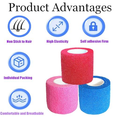 Kuanfine 3er-Pack 2 Zoll Selbstklebende Bandage Wickelverband für Haustiere, Dehnbarer Selbsthaftender Tape-Kohäsivverband für Sport, Handgelenk und Knöchel (Mehrfarbig)