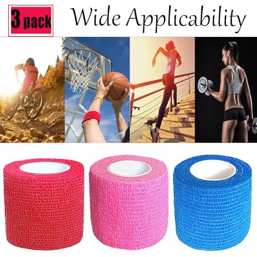 Kuanfine 3er-Pack 2 Zoll Selbstklebende Bandage Wickelverband für Haustiere, Dehnbarer Selbsthaftender Tape-Kohäsivverband für Sport, Handgelenk und Knöchel (Mehrfarbig)