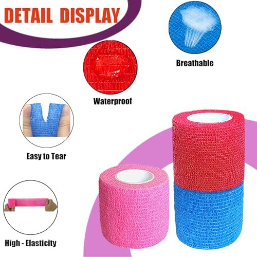 Kuanfine 3er-Pack 2 Zoll Selbstklebende Bandage Wickelverband für Haustiere, Dehnbarer Selbsthaftender Tape-Kohäsivverband für Sport, Handgelenk und Knöchel (Mehrfarbig)