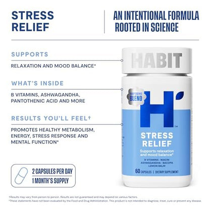 Habit Stress Relief Supplement (60 Kapseln) - Neues Design, Unterstützt Entspannung & Stimmungsausgleich, Vitamin B, Adaptogene, Melisse, Beruhigend, Vegan, Ohne Gentechnik (1 Packung)