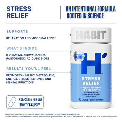 Habit Stress Relief Supplement (60 Kapseln) - Neues Design, Unterstützt Entspannung & Stimmungsausgleich, Vitamin B, Adaptogene, Melisse, Beruhigend, Vegan, Ohne Gentechnik (1 Packung)