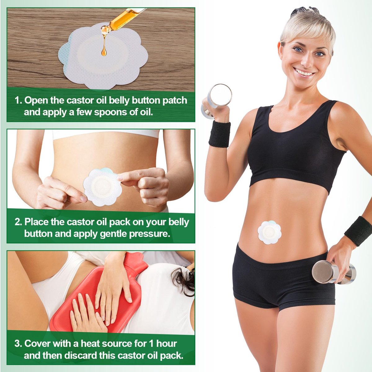 30 Stück Rizinusöl-Pack-Wrap für den Bauchnabel, selbstklebende Einweg-Rizinusöl-Bauchnabel-Wrap-Pads aus Vliesstoff, hochabsorbierend, organische Abdeckkompressen, kein Auswaschen nötig (Öl nicht enthalten)