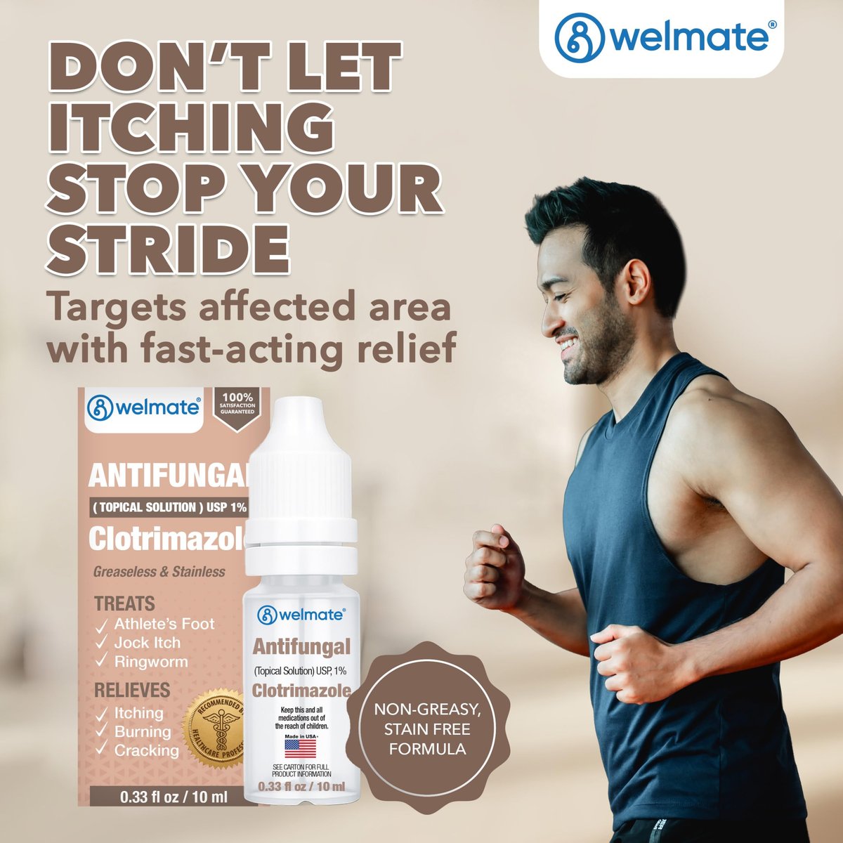 WELMATE Clotrimazol 1% Antimykotische Lösung | 0,33 fl oz (10 ml) gegen Fußpilz, Juckreiz, Ringelflechte & Ohrentropfen, fettfrei, nicht färbend, schnelle Linderung bei juckender, brennender Haut