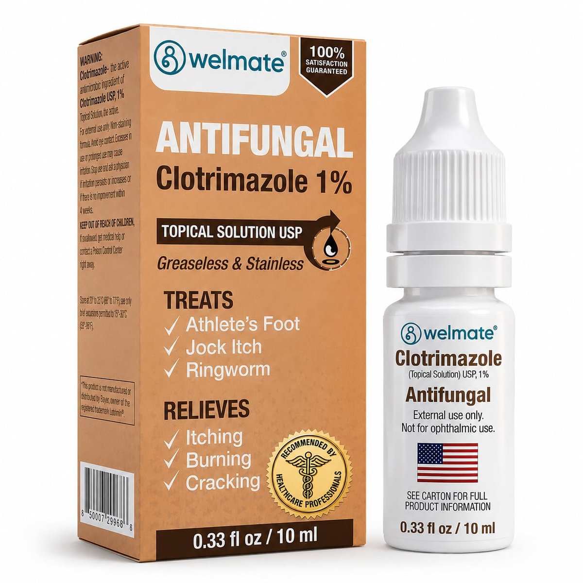 WELMATE Clotrimazol 1% Antimykotische Lösung | 0,33 fl oz (10 ml) gegen Fußpilz, Juckreiz, Ringelflechte & Ohrentropfen, fettfrei, nicht färbend, schnelle Linderung bei juckender, brennender Haut
