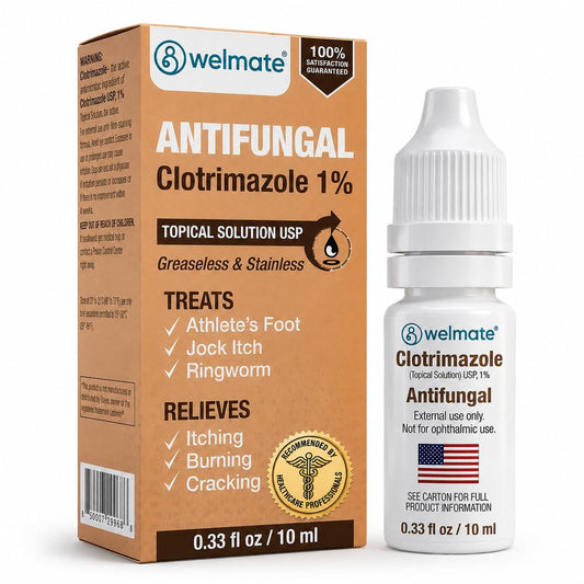 WELMATE Clotrimazol 1% Antimykotische Lösung | 0,33 fl oz (10 ml) gegen Fußpilz, Juckreiz, Ringelflechte & Ohrentropfen, fettfrei, nicht färbend, schnelle Linderung bei juckender, brennender Haut