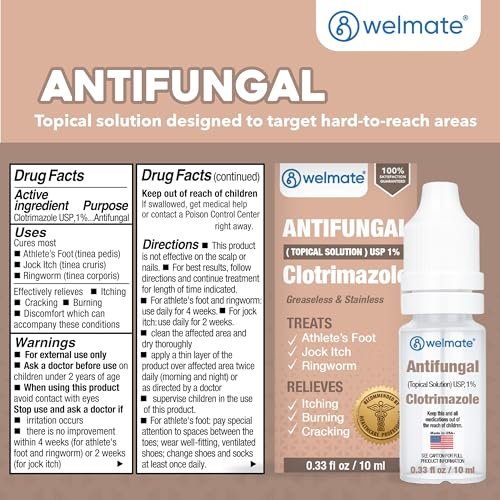 WELMATE Clotrimazol 1% Antimykotische Lösung | 0,33 fl oz (10 ml) gegen Fußpilz, Juckreiz, Ringelflechte & Ohrentropfen, fettfrei, nicht färbend, schnelle Linderung bei juckender, brennender Haut
