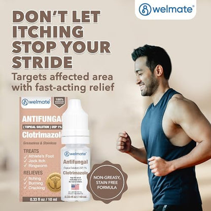 WELMATE Clotrimazol 1% Antimykotische Lösung | 0,33 fl oz (10 ml) gegen Fußpilz, Juckreiz, Ringelflechte & Ohrentropfen, fettfrei, nicht färbend, schnelle Linderung bei juckender, brennender Haut