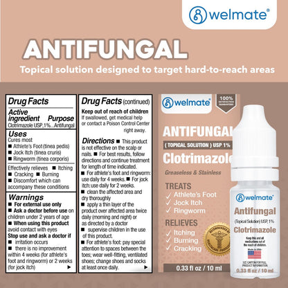 WELMATE Clotrimazol 1% Antimykotische Lösung | 0,33 fl oz (10 ml) gegen Fußpilz, Juckreiz, Ringelflechte & Ohrentropfen, fettfrei, nicht färbend, schnelle Linderung bei juckender, brennender Haut
