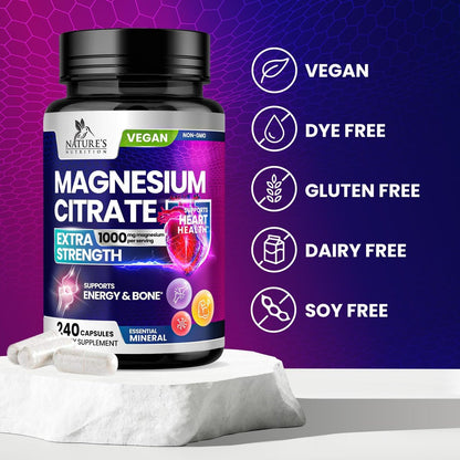 Magnesiumcitrat 1000mg pro Portion - 3-fach Stärke Magnesium Ergänzung für Knochen, Muskeln, Herz, natürliche Schlafunterstützung für Männer & Frauen, vegane Mag Mineral Kapseln, nicht-GVO, in den USA abgefüllt - 240 Kapseln