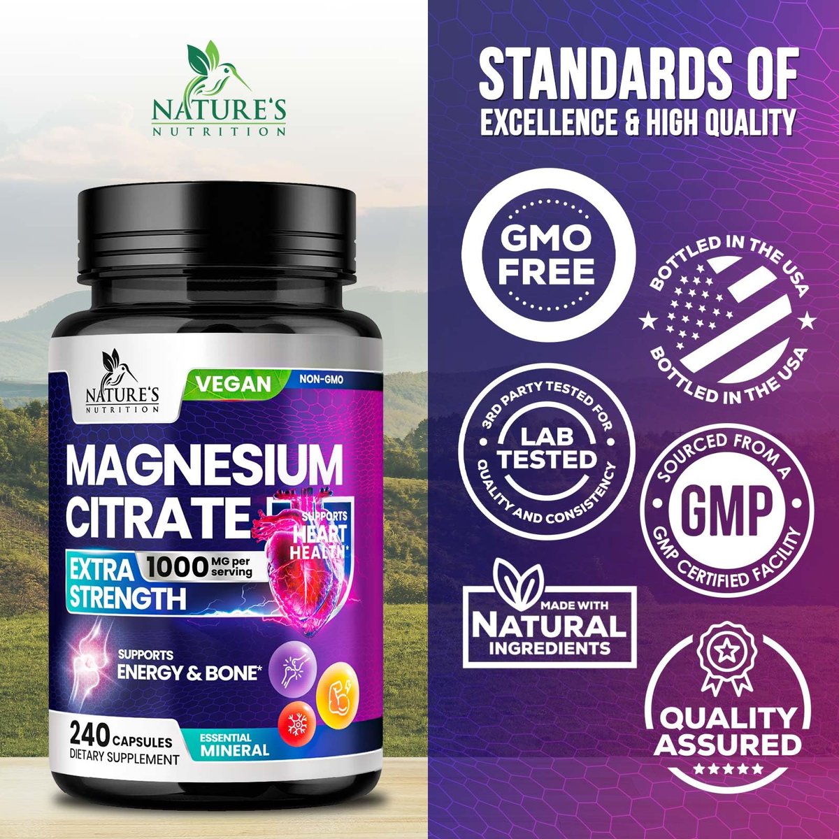 Magnesiumcitrat 1000mg pro Portion - 3-fach Stärke Magnesium Ergänzung für Knochen, Muskeln, Herz, natürliche Schlafunterstützung für Männer & Frauen, vegane Mag Mineral Kapseln, nicht-GVO, in den USA abgefüllt - 240 Kapseln