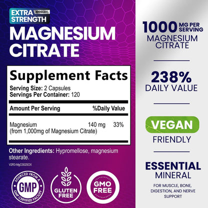 Magnesiumcitrat 1000mg pro Portion - 3-fach Stärke Magnesium Ergänzung für Knochen, Muskeln, Herz, natürliche Schlafunterstützung für Männer & Frauen, vegane Mag Mineral Kapseln, nicht-GVO, in den USA abgefüllt - 240 Kapseln