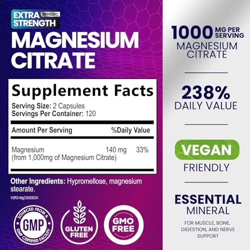 Magnesiumcitrat 1000mg pro Portion - 3-fach Stärke Magnesium Ergänzung für Knochen, Muskeln, Herz, natürliche Schlafunterstützung für Männer & Frauen, vegane Mag Mineral Kapseln, nicht-GVO, in den USA abgefüllt - 240 Kapseln
