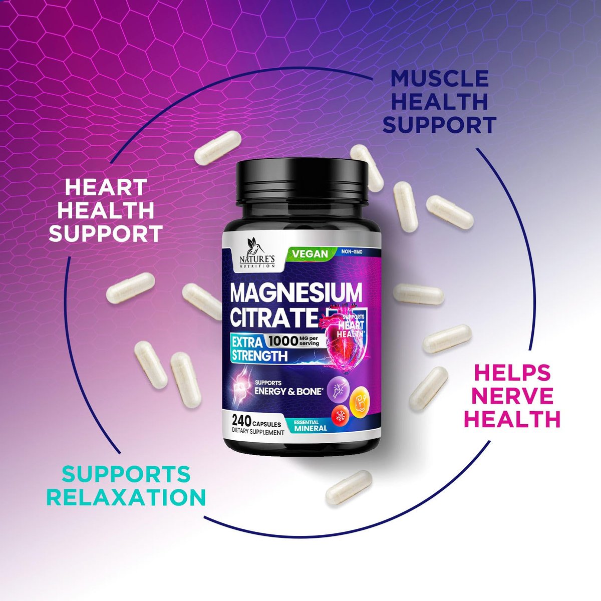 Magnesiumcitrat 1000mg pro Portion - 3-fach Stärke Magnesium Ergänzung für Knochen, Muskeln, Herz, natürliche Schlafunterstützung für Männer & Frauen, vegane Mag Mineral Kapseln, nicht-GVO, in den USA abgefüllt - 240 Kapseln