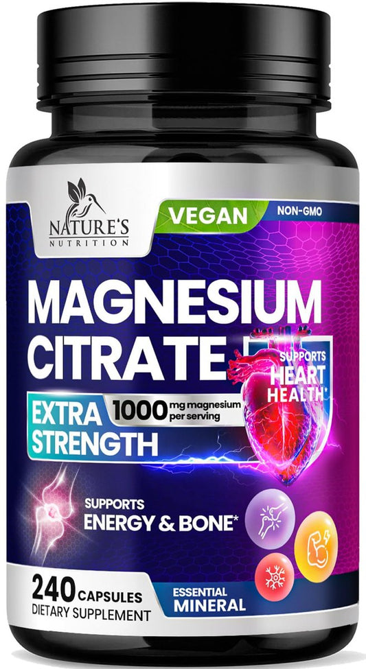 Magnesiumcitrat 1000mg pro Portion - 3-fach Stärke Magnesium Ergänzung für Knochen, Muskeln, Herz, natürliche Schlafunterstützung für Männer & Frauen, vegane Mag Mineral Kapseln, nicht-GVO, in den USA abgefüllt - 240 Kapseln