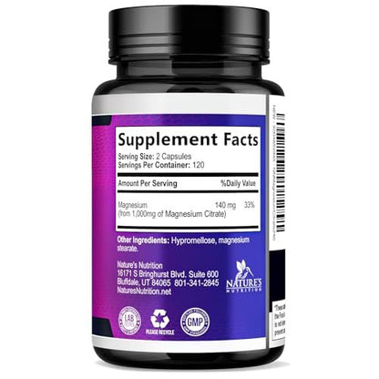 Magnesiumcitrat 1000mg pro Portion - 3-fach Stärke Magnesium Ergänzung für Knochen, Muskeln, Herz, natürliche Schlafunterstützung für Männer & Frauen, vegane Mag Mineral Kapseln, nicht-GVO, in den USA abgefüllt - 240 Kapseln