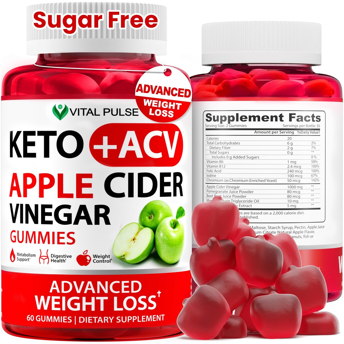 Keto ACV Gummies Fortgeschrittener Gewichtsverlust - Zuckerfreie ACV Keto Gummies - Gummy-Ergänzung für Frauen und Männer - Detox - Apfelessig - Apfelgeschmack
