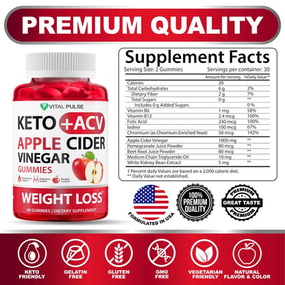 Keto ACV Gummies Fortgeschrittener Gewichtsverlust - Zuckerfreie ACV Keto Gummies - Gummy-Ergänzung für Frauen und Männer - Detox - Apfelessig - Apfelgeschmack
