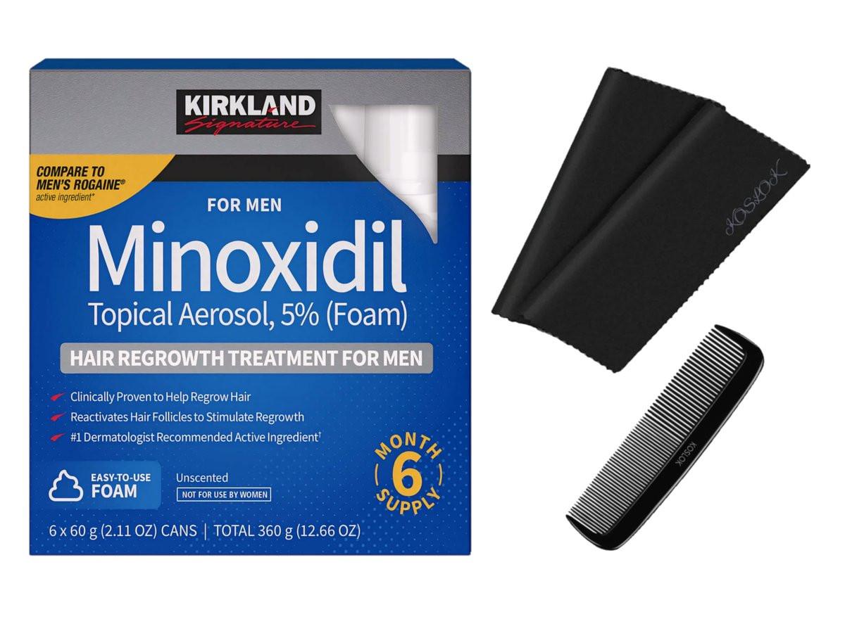 Kirkland Signature Minoxidil Schaum zur Haarregeneration für Männer, 2,11 oz, 6er-Pack (6 Monate Vorrat) – inklusive 2 Mikrofasertücher und Kamm