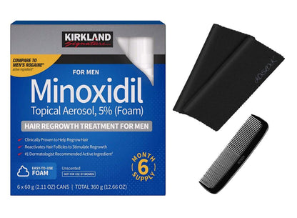 Kirkland Signature Minoxidil Schaum zur Haarregeneration für Männer, 2,11 oz, 6er-Pack (6 Monate Vorrat) – inklusive 2 Mikrofasertücher und Kamm
