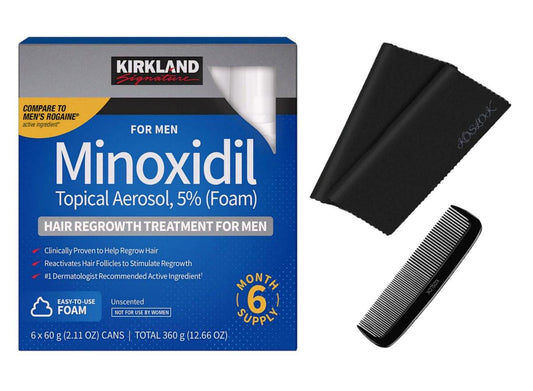 Kirkland Signature Minoxidil Schaum zur Haarregeneration für Männer, 2,11 oz, 6er-Pack (6 Monate Vorrat) – inklusive 2 Mikrofasertücher und Kamm