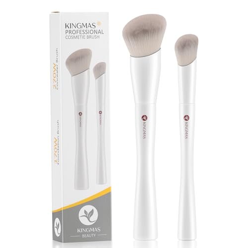 KINGMAS 2er-Set Angled Foundation Pinsel & Concealer Pinsel - Premium Kabuki Make-up Pinsel für flüssige, cremige & pudrige Texturen - Weiß
