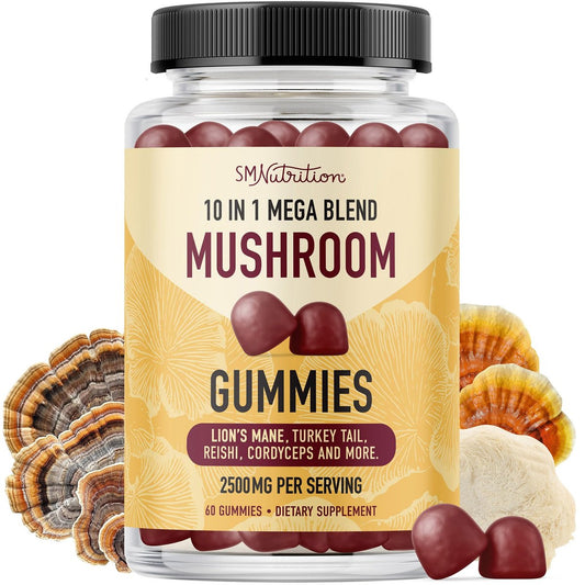 SMNutrition Pilz-Gummis für Erwachsene | Mit Löwenmähne, Truthahnschwanz, Reishi, Cordyceps, Chaga & Maitake | Unterstützt kognitive Funktion & Immunsystem | Himbeergeschmack | 60 Stück