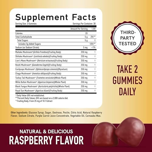 SMNutrition Pilz-Gummis für Erwachsene | Mit Löwenmähne, Truthahnschwanz, Reishi, Cordyceps, Chaga & Maitake | Unterstützt kognitive Funktion & Immunsystem | Himbeergeschmack | 60 Stück