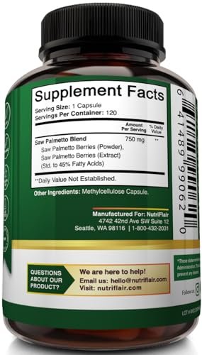 NutriFlair Sägepalmen-Extrakt 750mg, 120 Kapseln – Natürliches Prostatapräparat & Beeren-Gesundheitsunterstützung – Hilft DHT zu blockieren, Haarausfall vorzubeugen und häufiges Wasserlassen zu reduzieren, für Frauen und Männer